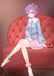 Rule 34 | 1girl, absurdres, black hairband, blue shirt, closed mouth, couch, crossed legs, full body, hairband, hand on lap, heart, highres, komeiji satori, long sleeves, looking at viewer, mantou xiang, on couch, pink eyes, pink hair, pink skirt, purple hair, shirt, short hair, sitting, skirt, socks, solo, third eye, touhou, white socks, wide sleeves
