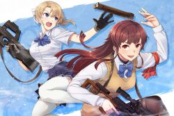 Rule 34 | 2girls, armband, black legwear, blonde girl (itou), blue bow, blue eyes, blue skirt, blunt bangs, bow, breasts, brown eyes, brown hair, bullpup, catching, collared shirt, embers, gloves, gun, hair bow, holding, holding gun, holding weapon, itou (onsoku tassha), long hair, long sleeves, looking at another, magazine (weapon), multiple girls, open mouth, original, p90, pantyhose, personal defense weapon, pleated skirt, ponytail, red armband, school uniform, shirt, short sleeves, sidelocks, skirt, smile, straight hair, submachine gun, sweater vest, thighhighs, tossing, trigger discipline, v-shaped eyebrows, weapon, weapon request, white legwear, white shirt