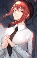 Rule 34 | 1girl, black necktie, braid, braided ponytail, breasts, chainsaw man, collared shirt, floating hair, hair between eyes, kernel killer, long hair, long sleeves, looking at viewer, makima (chainsaw man), medium breasts, necktie, red hair, shirt, sidelocks, smile, solo, upper body, white shirt, wing collar, yellow eyes