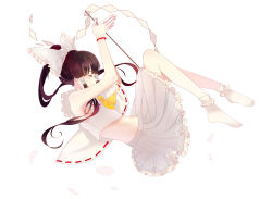 Rule 34 | 1girl, alternate color, ascot, bad id, bad pixiv id, blouse, blunt bangs, bobby socks, bracelet, brown hair, closed eyes, concealed the conclusion, covered mouth, crop top, crop top overhang, detached sleeves, frilled socks, frills, from side, full body, gohei, hair ornament, hair ribbon, hair tubes, hakurei reimu, japanese clothes, jewelry, long hair, long sleeves, midriff, miko, navel, own hands clasped, own hands together, petals, ponytail, profile, ribbon, satonishi, scrunchie, shirt, simple background, single sleeve, skirt, skirt set, sleeveless, sleeveless shirt, socks, solo, touhou, white background, white shirt, white socks, white theme, wide sleeves, wrist scrunchie, yellow ascot