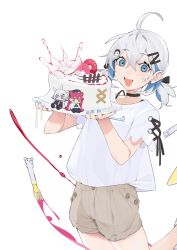 Rule 34 | 1girl, absurdres, ahoge, blue eyes, blue nails, brown shorts, bs0, cake, character doll, character request, choker, colored inner hair, earrings, food, fork, grey hair, hair behind ear, hair ornament, hairclip, highres, holding, holding plate, jewelry, low twintails, medium hair, multicolored hair, nail polish, nijisanji, open mouth, plate, shirt, shirt tucked in, short sleeves, short twintails, shorts, simple background, smile, solo, stud earrings, twintails, upper body, virtual youtuber, virtuareal, white background, white shirt, yua (virtuareal)