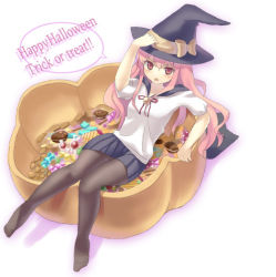 Rule 34 | 00s, 1girl, candy, cookie, food, halloween, hamamo, happy halloween, hat, louise francoise le blanc de la valliere, pantyhose, pink hair, solo, trick or treat, witch hat, zero no tsukaima
