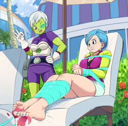 Rule 34 | 2girls, absurdres, barefoot, bdsm, black bra, blue eyes, blue hair, blush, bondage, bound, bound arms, bound legs, bound wrists, bra, breasts, bulma, cheelai, cleavage, colored skin, dragon ball, dragon ball super, dragon ball super broly, gag, gagged, green skin, grey hair, hand on own hip, highres, improvised gag, jacket, jewelry, large breasts, legs, lost one zero, matching hair/eyes, mature female, medium breasts, multiple girls, nail polish, necklace, one eye closed, open clothes, open jacket, purple eyes, scouter, shorts, sweat, tape, tape gag, thighs, tickling, toenail polish, toenails, underwear, white shorts, wink