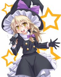 Rule 34 | 1girl, adapted costume, bad id, bad pixiv id, blonde hair, bow, braid, cookie (touhou), flying sweatdrops, frilled skirt, frills, gloves, hair bow, hat, hat ribbon, high collar, kirisame marisa, long hair, long sleeves, looking at viewer, microphone, open mouth, rei (cookie), ribbon, simple background, single braid, skirt, skirt set, solo, star (symbol), touhou, white background, witch hat, yellow eyes