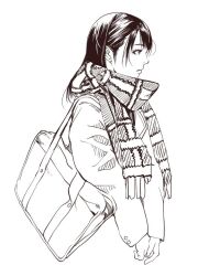 Rule 34 | 1girl, bag, coat, from side, highres, kakoutaka, long hair, looking to the side, monochrome, original, own hands together, plaid, plaid scarf, profile, scarf, shoulder bag, simple background, sketch, solo, upper body