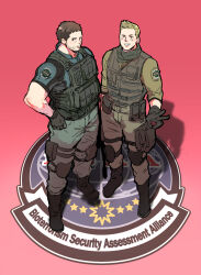 Rule 34 | 2boys, absurdres, black gloves, black hair, boots, brown hair, bulletproof vest, chris redfield, closed mouth, english text, facial hair, gloves, green pants, green shirt, highres, knee pads, kuconoms, male focus, multiple boys, pants, piers nivans, resident evil, resident evil 6, shirt, short hair, smile, teeth, v