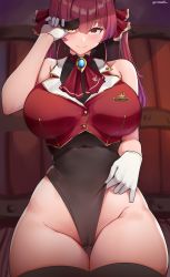 Rule 34 | 1girl, absurdres, bare shoulders, belt, black thighhighs, blouse, bodystocking, breasts, cameltoe, cleft of venus, closed mouth, commentary, covered navel, cromwellb, eyepatch, eyepatch lift, gloves, hair ribbon, hat, heterochromia, highres, hololive, houshou marine, large breasts, leotard, leotard under clothes, long hair, looking at viewer, open mouth, red eyes, red hair, red shirt, red skirt, ribbon, see-through, see-through leotard, shirt, skirt, sleeveless, smile, solo, stomach, thick thighs, thigh gap, thighhighs, thighs, twintails, twitter username, virtual youtuber, white gloves, wide hips, yellow eyes