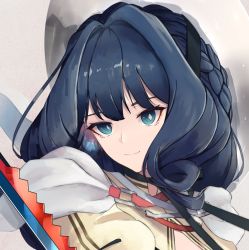 Rule 34 | 1girl, arknights, astesia (arknights), astesia (starseeker) (arknights), beige background, blue eyes, blue hair, braid, capelet, closed mouth, commentary, diamond-shaped pupils, diamond (shape), english commentary, eyebrows hidden by hair, hair intakes, hat, holding, holding sword, holding weapon, long hair, official alternate costume, puffy short sleeves, puffy sleeves, shiryuu akira, short sleeves, simple background, smile, solo, sword, symbol-shaped pupils, weapon, white capelet, white hat