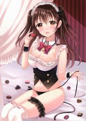 Rule 34 | 1girl, absurdres, bare shoulders, bed, bell, black panties, black ribbon, blush, bow, bowtie, breasts, bridal garter, brown eyes, brown hair, candy, chocolate, chocolate heart, cleavage, curtains, detached collar, food, frills, hand up, heart, highres, holding, jingle bell, long hair, looking at viewer, maid, maid headdress, medium breasts, navel, open mouth, original, over-kneehighs, panties, red bow, red bowtie, ribbon, sakura hiyori, scan, shirt, side-tie panties, sidelocks, sitting, sleeveless, sleeveless shirt, solo, stomach, thighhighs, thighs, two side up, underbust, underwear, untied panties, valentine, white shirt, white thighhighs, wrist cuffs