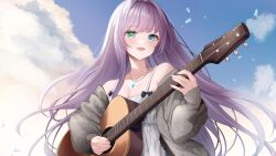 Rule 34 | 1girl, black bow, blue eyes, bow, breasts, cleavage, cloud, collarbone, commission, dress, green eyes, grey jacket, guitar, heterochromia, holding, holding guitar, holding instrument, indie virtual youtuber, instrument, jacket, jewelry, kurage cc, long hair, medium breasts, mole, mole under eye, necklace, off shoulder, open mouth, purple hair, rosetta dragalion, skeb commission, sky, solo, upper body, virtual youtuber, white dress