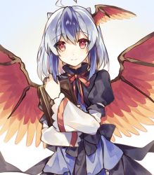 Rule 34 | 1girl, ahoge, bad id, bad pixiv id, black skirt, blue background, blue hair, book, commentary request, feathered wings, gradient background, head wings, holding, holding book, horns, long sleeves, looking at viewer, medium hair, multicolored hair, neck ribbon, puffy sleeves, raka (cafe latte l), red eyes, red ribbon, ribbon, silver hair, single head wing, skirt, smile, solo, tokiko (touhou), touhou, upper body, white background, wings