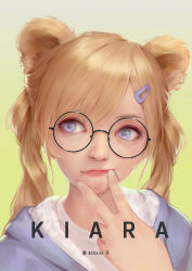 Rule 34 | 1girl, bigxixi, blonde hair, blue eyes, glasses, gradient background, green background, hand to own mouth, highres, lips, portrait, round eyewear, solo, swept bangs, tagme
