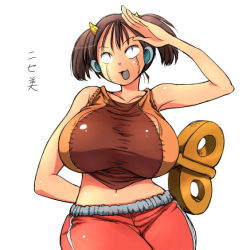 Rule 34 | 1girl, android, black hair, breasts, cow girl, gigantic breasts, hataraki ari, horns, navel, original, robot, simple background, solo, standing, sukimi, toy, twintails, white background, winding key