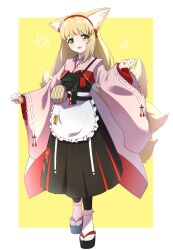 Rule 34 | 1girl, animal ears, apron, arknights, black hakama, fox ears, fox girl, fox tail, frilled apron, frills, full body, hairband, hakama, hakama skirt, highres, japanese clothes, kimono, long hair, long sleeves, looking at viewer, minowa sukyaru, multiple tails, official alternate costume, open mouth, pink kimono, red hairband, skirt, smile, solo, standing, suzuran (arknights), suzuran (yukibare) (arknights), tabi, tail, waist apron, white apron, wide sleeves