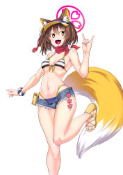 Rule 34 | 1girl, :d, animal ears, bikini, blue archive, breasts, brown eyes, brown hair, fang, fox ears, fox tail, halo, highres, izuna (blue archive), izuna (swimsuit) (blue archive), kawajuu, looking at viewer, m/, medium breasts, navel, open mouth, sandals, scarf, shorts, simple background, smile, solo, standing, striped bikini, striped clothes, swimsuit, tail, visor cap, white background