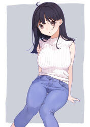 Rule 34 | 1girl, ahoge, alternate costume, black hair, blue pants, blush, breasts, brown eyes, feet out of frame, kantai collection, large breasts, long hair, looking at viewer, mitsuyo (mituyo324), pants, parted lips, sleeveless, sleeveless sweater, solo, sweater, ushio (kancolle), white sweater