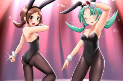 Rule 34 | 2girls, animal ears, aqua eyes, aqua hair, arm at side, arm up, armpits, ass, backless leotard, bare back, bare shoulders, black legwear, black leotard, blush, breasts, brown eyes, brown hair, cleavage, clenched hands, collarbone, covered navel, creatures (company), detached sleeves, embarrassed, eyelashes, fake animal ears, fake tail, female focus, fingernails, game freak, happy, highres, holding, holding poke ball, indoors, kris (pokemon), legs, leotard, long hair, looking at viewer, low twintails, lyra (pokemon), matching hair/eyes, multiple girls, multiple views, neck, nintendo, no bra, one eye closed, open mouth, pantyhose, parted bangs, playboy bunny, poke ball, pokemon, pokemon gsc, pokemon hgss, rabbit ears, rabbit tail, selvalanch, shoulder blades, sidelocks, skin tight, small breasts, smile, sparkle, stage, stage curtains, standing, strapless, strapless leotard, tail, thighs, turnaround, twintails