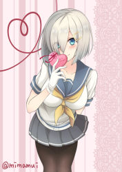 Rule 34 | 1girl, arm behind back, blue eyes, blue sailor collar, blush, box, box of chocolates, breasts, closed mouth, gift, gloves, grey hair, grey skirt, hair between eyes, hair ornament, hair over one eye, hairclip, hamakaze (kancolle), heart, holding, holding gift, impossible clothes, kantai collection, large breasts, mimamui, neckerchief, pantyhose, pleated skirt, sailor collar, school uniform, serafuku, short hair, simple background, skirt, smile, solo, twitter username, valentine, white gloves, yellow neckerchief