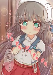 Rule 34 | 1girl, :o, beret, blue sailor collar, blurry, blurry background, blush, brown hair, commentary request, depth of field, door, gloves, green eyes, hands up, hat, heart, highres, indoors, kantai collection, long hair, looking at viewer, low twintails, mikura (kancolle), own hands together, parted lips, pleated skirt, puffy short sleeves, puffy sleeves, red skirt, ridy (ri sui), sailor collar, school uniform, serafuku, shirt, short sleeves, skirt, solo, translation request, twintails, very long hair, white gloves, white hat, white shirt