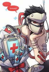 ... 1boy arm_up bandaged_arm bandaged_wrist bandages black_hair blackwatch_genji canister colored_speech_bubble commentary cyborg genji_(overwatch) hair_slicked_back hand_on_own_face head_rest highres intravenous_drip looking_at_viewer male_focus mindi2402 overwatch overwatch_1 red_eyes red_ribbon ribbon ringed_eyes short_hair single_bare_shoulder solo speech_bubble spoken_ellipsis tube