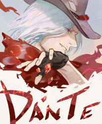 Rule 34 | 1boy, akumey, alternate eye color, brown gloves, character name, cowboy hat, crystal, dante (devil may cry), devil may cry (series), devil may cry 5, facial hair, fang, fingerless gloves, from side, gloves, hat, highres, looking at viewer, looking to the side, male focus, red eyes, scarf, simple background, smile, solo, upper body, white hair