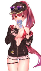 Rule 34 | 1girl, anchor symbol, belt, bikini, bikini top only, breasts, cellphone, cleavage, cloak, collarbone, commentary request, earrings, eyewear on head, hair between eyes, hat, heart, heart-shaped eyewear, highres, holding, holding phone, hololive, hood, hooded cloak, houshou marine, houshou marine (summer), jewelry, long hair, long sleeves, looking at viewer, midriff, necklace, off shoulder, phone, ponytail, red bikini, red eyes, red hair, short shorts, shorts, sidelocks, simple background, smartphone, solo, spaghetti strap, sunglasses, swimsuit, thighlet, undressing, usagi-otukimi, virtual youtuber, white background, white shorts