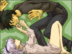 Rule 34 | 1boy, 1girl, against glass, barefoot, black eyes, black hair, bottomless, box, couple, darker than black, feet, fingersmile, hei (darker than black), image sample, in box, in container, jitome, lying, on back, pixiv sample, ponytail, purple eyes, sweatdrop, white hair, yin (darker than black)