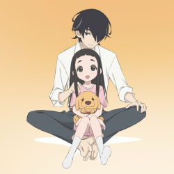 Rule 34 | 1boy, 1girl, barefoot, black hair, blush, collared shirt, commentary request, dress, facial hair, father and daughter, full body, goto hime, goto kakushi, gradient background, hand on another&#039;s shoulder, hime cut, holding, holding stuffed toy, indian style, kakushigoto, looking at another, looking at viewer, open mouth, pants, pink dress, shirt, short bangs, sitting, smile, socks, stubble, stuffed animal, stuffed dog, stuffed toy, thick eyebrows, toes, white legwear, white shirt, yamamoto shuuhei