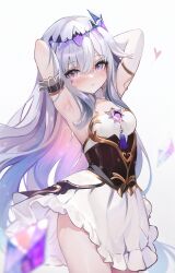 Rule 34 | 1girl, armpits, arms up, blush, breasts, colored inner hair, crown, crystal, dress, grey hair, heart, highres, hololive, hololive english, koahri, koseki bijou, koseki bijou (1st costume), long hair, looking at viewer, multicolored hair, purple eyes, simple background, small breasts, solo, virtual youtuber, white background, white dress