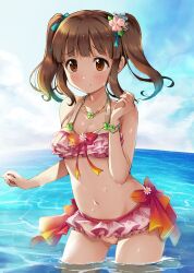 Rule 34 | 1girl, bare shoulders, bikini, blue ribbon, blue sky, blush, bow, bracelet, breasts, brown eyes, brown hair, cleavage, closed mouth, clover, collarbone, day, floral print, flower, hair bow, hair flower, hair ornament, hair ribbon, hand up, hibiscus, highres, idolmaster, idolmaster cinderella girls, idolmaster cinderella girls starlight stage, in water, jewelry, layered bikini, long hair, looking away, medium breasts, michii yuuki, navel, necklace, ocean, ogata chieri, outdoors, pink bikini, pink nails, red ribbon, ribbon, shy, sidelocks, sky, smile, solo, standing, swimsuit, twintails, wet, wince