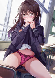 Rule 34 | 1girl, black skirt, blush, bow, bow panties, brown eyes, brown hair, chair, chalkboard, classroom, clothes lift, commentary request, cowboy shot, curtains, desk, gluteal fold, hair between eyes, indoors, lace, lace-trimmed panties, lace trim, lens flare, lifting own clothes, long hair, long sleeves, looking at viewer, on desk, original, panties, pink panties, pleated skirt, sailor collar, school, school desk, school uniform, serafuku, shirt, sitting, skirt, skirt lift, solo, tearing up, thighs, tipii, underwear, uniform