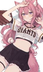 Rule 34 | 1girl, absurdres, alternate costume, animal ear fluff, animal ears, ball, baseball, baseball glove, baseball uniform, black skirt, blush, braid, closed mouth, commentary request, fang, fingernails, hair between eyes, hakui koyori, highres, hololive, lying, midriff, navel, on back, pink hair, ponytail, purple eyes, simple background, skirt, smile, solo, sportswear, tail, thigh strap, thighs, tsukino (nakajimaseiki), virtual youtuber, white background, wolf ears, wolf girl, wolf tail