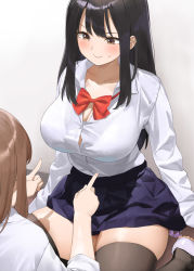 Rule 34 | 2girls, black hair, black legwear, blue skirt, bow, bowtie, breasts, brown eyes, brown hair, button gap, gradient background, grey background, kaisen chuui, large breasts, long hair, looking at another, multiple girls, original, panties, red bow, red bowtie, school uniform, shirt, shoes, side-tie panties, sitting, skindentation, skirt, thighhighs, thighs, underwear, white footwear, white shirt