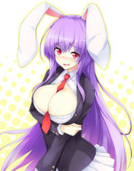 Rule 34 | 1girl, animal ears, between breasts, blazer, blouse, blush, breasts, cleavage, female focus, highres, jacket, large breasts, long hair, looking at viewer, purple hair, rabbit ears, red eyes, reisen udongein inaba, shirt, simple background, skirt, solo, tareme, tirotata, touhou, very long hair, wavy mouth, white shirt, white skirt