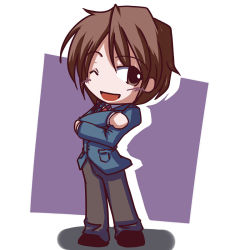 Rule 34 | 00s, 1boy, ;d, black footwear, black pants, blue jacket, brown eyes, brown hair, chibi, collared shirt, crossed arms, fictional sister, full body, head tilt, jacket, koizumi itsuki, long sleeves, looking at viewer, male focus, necktie, one eye closed, open mouth, pants, red necktie, school uniform, shirt, shoes, smile, solo, standing, suzumiya haruhi no yuuutsu, two-tone background, white shirt, wing collar