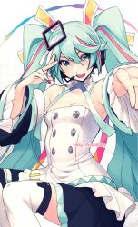 Rule 34 | 1girl, absurdres, artist name, black shirt, black skirt, black sleeves, blue eyes, blue hair, blue nails, breasts, buttons, cleavage, commentary, detached sleeves, dress, english commentary, feet out of frame, hatsune miku, hatsune miku expo, highres, long hair, looking at viewer, magurosnacks, multicolored hair, multicolored nails, open mouth, palms, pink hair, red nails, shirt, skirt, small breasts, smile, solo, strapless, strapless dress, streaked hair, thighhighs, two-tone hair, very long hair, vocaloid, white dress, white thighhighs