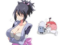 Rule 34 | 1girl, arms under breasts, bikini, bikini under clothes, black hair, blush, bow, breasts, cleavage, closed eyes, crossed arms, fujibayashi sheena, genius sage, japanese clothes, large breasts, long hair, meme, ponytail, simple background, swimsuit, tagme, tales of (series), tales of symphonia, tawashi1623, v-shaped eyebrows, white background, white bikini, yamcha pose (meme), zelos wilder