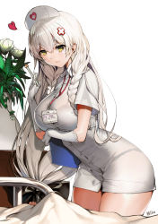 Rule 34 | 1girl, absurdres, arm under breasts, azur lane, bed, blanket, bra visible through clothes, braid, bralines, breasts, closed mouth, collared dress, commentary request, dress, elbow gloves, flower, gloves, hair between eyes, hat, heart, hermione (azur lane), hermione (pure white angel) (azur lane), highres, hospital bed, id card, infirmary, lanyard, large breasts, leaning forward, long hair, low tied hair, nike (nike1060), nurse, nurse cap, pen, see-through, short dress, short sleeves, smile, thighs, twin braids, very long hair, white dress, white gloves, white hair, yellow eyes