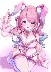 Rule 34 | 1girl, adjusting clothes, adjusting headwear, animal ears, aqua hair, bare shoulders, blush, bow, bowtie, breasts, cleavage, detached collar, detached sleeves, fingernails, frilled leotard, frills, fur collar, glitter, gradient hair, green eyes, heterochromia, highres, himemori luna, hololive, large breasts, leotard, lips, long hair, looking at viewer, mameiriko, multicolored hair, nail polish, navel, no shoes, open mouth, pink background, pink bow, pink bowtie, pink hair, pink headwear, pink leotard, pink nails, pink sleeves, pink theme, pinky out, playboy bunny, purple eyes, rabbit ears, red garter straps, see-through, see-through sleeves, solo, strapless, strapless leotard, swept bangs, teeth, thighhighs, thighs, twintails, two-tone hair, virtual youtuber, wavy hair, white background, white thighhighs