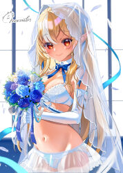 1girl blonde_hair blue_bow blue_bowtie blue_ribbon bouquet bow bowtie bra breasts bridal_lingerie bridal_veil closed_mouth commentary_request crossed_bangs detached_collar elbow_gloves elf falling_feathers feathers flower frilled_bra frills gloves hair_between_eyes hair_ribbon highres holding holding_bouquet hololive lace lace-trimmed_skirt lace_trim lingerie long_hair looking_at_viewer medium_breasts miniskirt momone_cco multicolored_hair navel orange_eyes panties pants pointy_ears ponytail ribbon see-through_clothes see-through_skirt shiranui_flare sidelocks skirt smile solo stomach streaked_hair underwear veil very_long_hair virtual_youtuber white_bra white_gloves white_panties white_pants