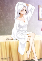 Rule 34 | 1girl, absurdres, arm up, bare shoulders, barefoot, bathrobe, breasts, brown eyes, brown hair, cleavage, collarbone, crossed legs, feet, frown, girls und panzer, highres, itou takeshi, large breasts, mature female, megami magazine, nishizumi shiho, off shoulder, on bed, sitting, solo, towel, towel on head