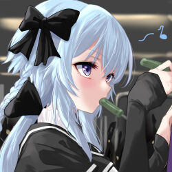 Rule 34 | 1girl, assault lily, black bow, blue hair, blurry, blurry background, bow, braid, commentary, eighth note, from side, hair between eyes, hair bow, hands up, highres, holding, holding screwdriver, indoors, layered sleeves, long hair, long sleeves, looking ahead, mori tatsuki, mouth hold, musical note, purple eyes, school uniform, screwdriver, shirt, short sleeves, sidelocks, sleeves past wrists, solo, spoken musical note, upper body, urutsu sahari, white shirt, yurigaoka girls academy school uniform