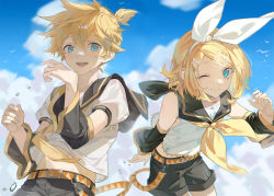 Rule 34 | 1boy, 1girl, arms up, bare shoulders, belt, belt buckle, bird, black sailor collar, black shorts, blonde hair, blue eyes, bow, brother and sister, buckle, cloud, detached sleeves, hair between eyes, hair bow, hair ornament, hairband, hairclip, kagamine len, kagamine rin, lens flare, light blush, light smile, looking at viewer, one eye closed, open mouth, outdoors, sailor collar, school uniform, serafuku, short hair, short ponytail, short sleeves, shorts, siblings, sky, swept bangs, vocaloid, water drop, white bird, white bow, xiao jiaju, yellow neckwear