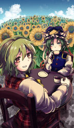 Rule 34 | 2girls, apapo, ascot, blue eyes, blue sky, blue vest, brown eyes, chair, cloud, cloudy sky, commentary request, cup, field, flower, flower field, frilled hat, frills, green hair, hat, highres, holding, holding cup, kazami yuuka, long sleeves, looking at viewer, multiple girls, open mouth, outdoors, plaid, plaid skirt, plaid vest, red skirt, red vest, shiki eiki, shirt, short hair, sitting, skirt, sky, smile, star (sky), sunflower, sunflower field, table, teacup, too many, touhou, vest, white shirt, yellow ascot, yellow flower