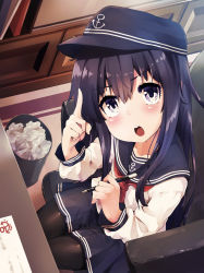 Rule 34 | 1girl, akatsuki (kancolle), anchor symbol, black hair, black pantyhose, black sailor collar, black skirt, blush, chair, commentary request, from above, hair between eyes, highres, indoors, kantai collection, long hair, looking at viewer, neckerchief, open mouth, pantyhose, paper, pencil, pleated skirt, purple eyes, red neckerchief, sailor collar, school uniform, serafuku, sitting, skirt, solo, taisho (gumiyuki), trash can