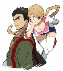 Rule 34 | 1boy, 1girl, 88 taho, akihiro altland, black hair, blonde hair, breasts, cleavage, closed mouth, earrings, eyebrows, green eyes, gundam, gundam tekketsu no orphans, jewelry, lafter frankland, leaning on person, leg up, long hair, looking at viewer, parted lips, smile, thick eyebrows, twintails