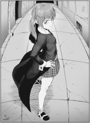 Rule 34 | 1girl, absurdres, alley, closed mouth, green eyes, greyscale, hands on own hips, highres, looking at viewer, maka albarn, medium hair, monochrome, plaid, plaid skirt, pleated skirt, shirt, skirt, solo, soul eater, speedl00ver, standing