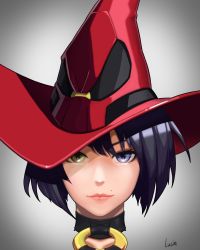 Rule 34 | 1girl, absurdres, black hair, blue eyes, bob cut, gradient background, green eyes, guilty gear, hat, heterochromia, highres, i-no, luskin78, mole, mole above mouth, portrait, red hat, short hair, simple background, solo, witch hat