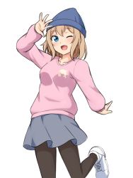 Rule 34 | 1girl, ;d, arm up, black pantyhose, blonde hair, blue eyes, blue hat, blue skirt, breasts, collarbone, commentary request, foot out of frame, hat, highres, long sleeves, looking at viewer, medium breasts, one eye closed, open mouth, original, pantyhose, pink shirt, shiraha maru, shirt, shoes, short hair, simple background, skirt, smile, solo, standing, standing on one leg, twitter username, white background, white footwear