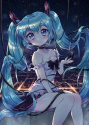 Rule 34 | 1girl, bare shoulders, between legs, black bow, blue eyes, blue hair, blush, bow, breasts, city lights, cleavage, frilled shirt, frills, hand between legs, hatsune miku, highres, knees together feet apart, legs together, long hair, looking at viewer, medium breasts, night, night sky, pleated skirt, shirt, sitting, skirt, sky, smile, snow, snowing, solo, star (sky), starry sky, strap slip, unfragment (vocaloid), very long hair, vocaloid, wire, yeon-kun